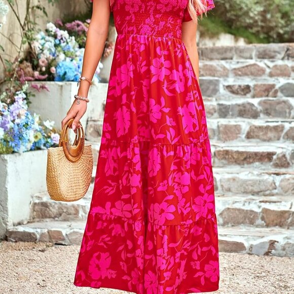 Women's 2025 Summer Casual Flutter Short Sleeve Boho Floral Maxi Dress Crew Neck - Picture 3 of 5